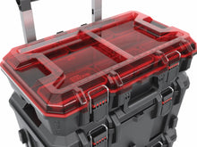 Open modular toolbox lid with red translucent cover and dark base storage compartments
