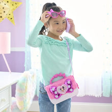 Kids Minnie-themed heart play bag in pink and purple crossbody, with pink heart charm