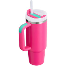 Passion Pink stainless steel tumbler with side handle, straw, and colorful lid insert