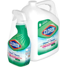 Clorox cleaner with bleach bottles: green spray bottle and white refill jug, Original.