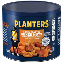 Honey-roasted mixed nuts canister front with Planters logo and nut mix illustration