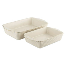 White ribbed stoneware baking dishes with clear lids, stackable 2-baker set