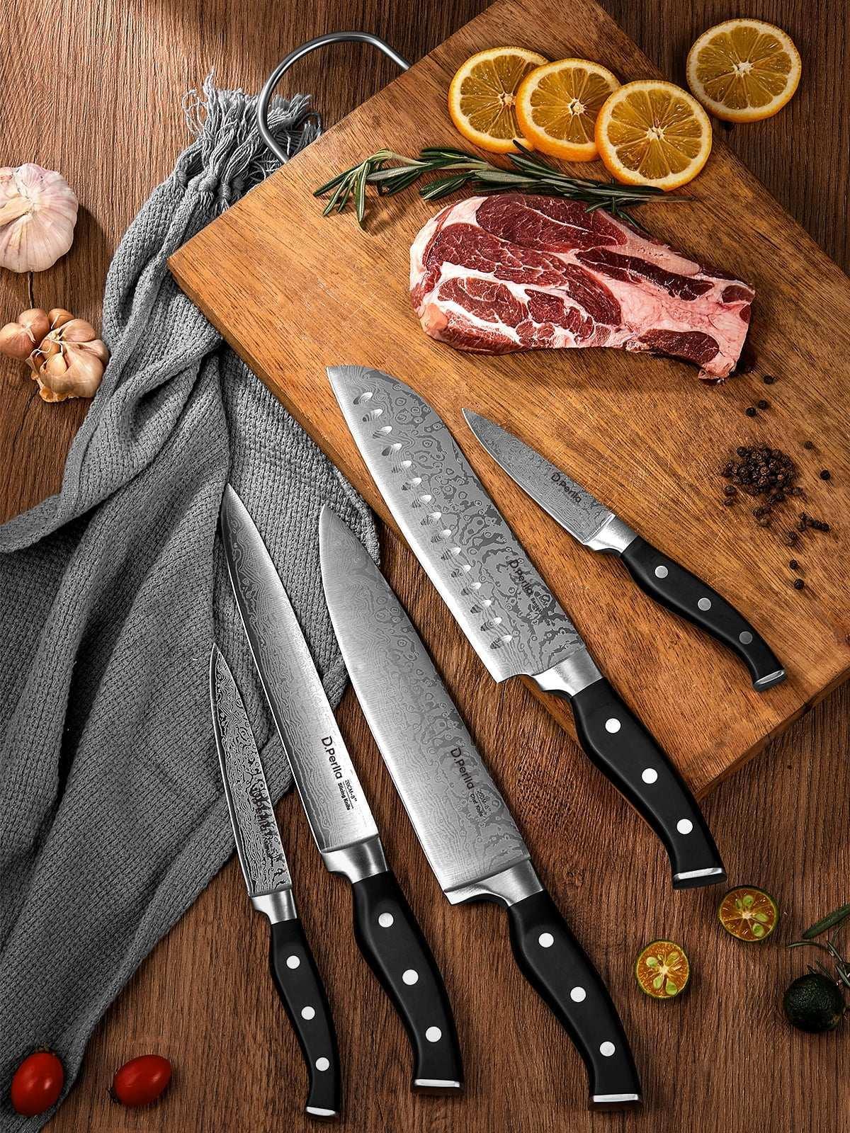 D.Perlla Knife Set, 14 Pcs Kitchen Knives Set with Built-in Sharpener, Stainless Steel Knife Set with Block