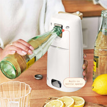 White electric can opener with built-in bottle opener on the base