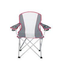 Oversized quad chair with white backrest, gray seat, red piping, and attached arm trays