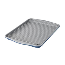 Blue-edged baking sheet with cooling rack insert and wire grid