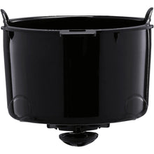 Black 5-cup drip coffee maker base with filter area and lid on top