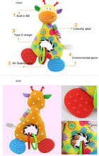 Multicolor giraffe plush baby rattle with teething ring, red heart pad, and blue ribbed pad