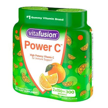 Vitamin C gummy bottle front, green Power C label and orange flavor text