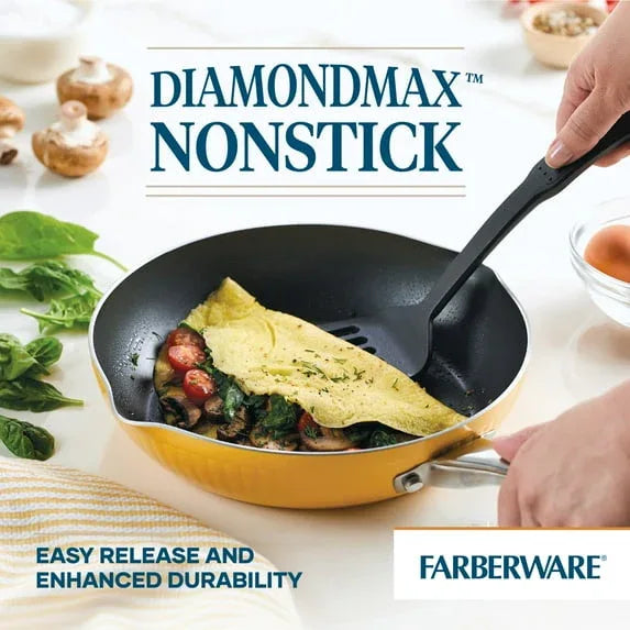 Farberware Style 10 Pcs Nonstick Cookware Set with Cooking Tools, Dishwasher Safe and Oven Safe to 500°F, Yellow