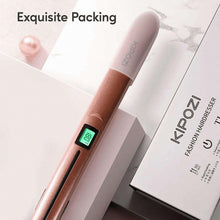 Champagne gold hair straightener beside retail box with LCD screen