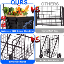 Black folding shopping cart with wire frame and waterproof fabric liner pocket