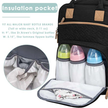 Black diaper backpack open with insulated bottle slots and separate accessory compartments