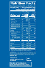 Microwave popcorn nutrition facts panel with ingredients and serving size details