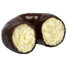 Frosted mini donut halves with pale yellow filling and chocolate glaze