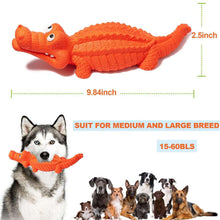 Orange crocodile rubber chew toy with textured ridges and squeaker face.