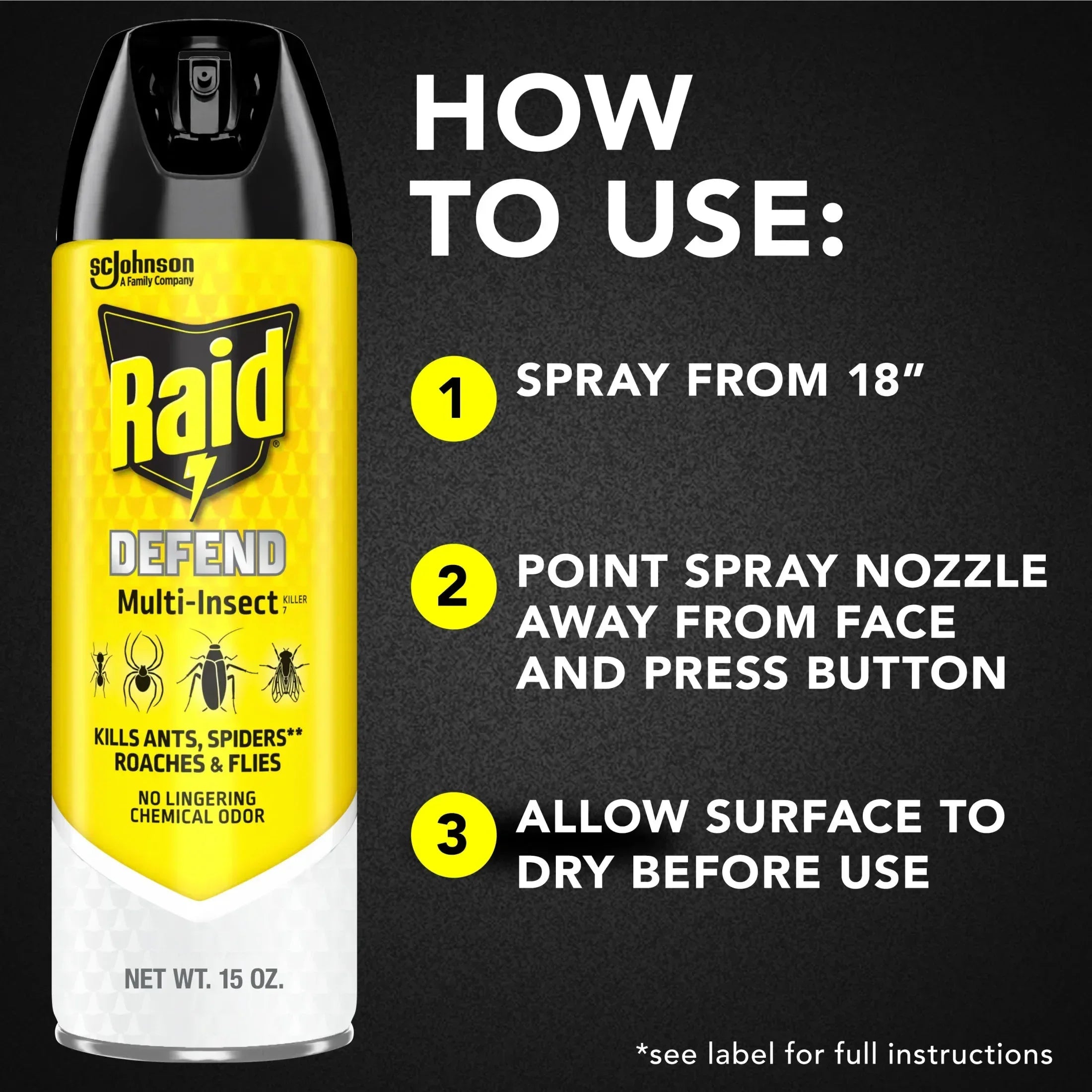 Raid Defense System Indoor and Outdoor Ants, Roaches, Spiders and Flies Insect Killer Bug Spray, 15 oz