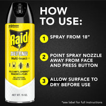 Raid multi-insect insect killer aerosol can with “How to use” steps