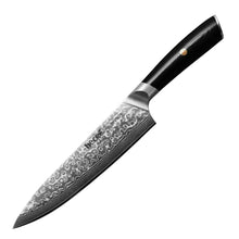 8-inch Damascus chef knife with black resin handle, shown in side profile