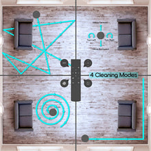 Black robot vacuum cleaner over mapped room layout with turquoise navigation lines