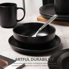 12-Piece Stoneware Dinnerware Set with Mugs | Microwave and Dishwasher Friendly | Stackable Matte Glaze Plates & Bowls | Service for 3 (Black for 3)