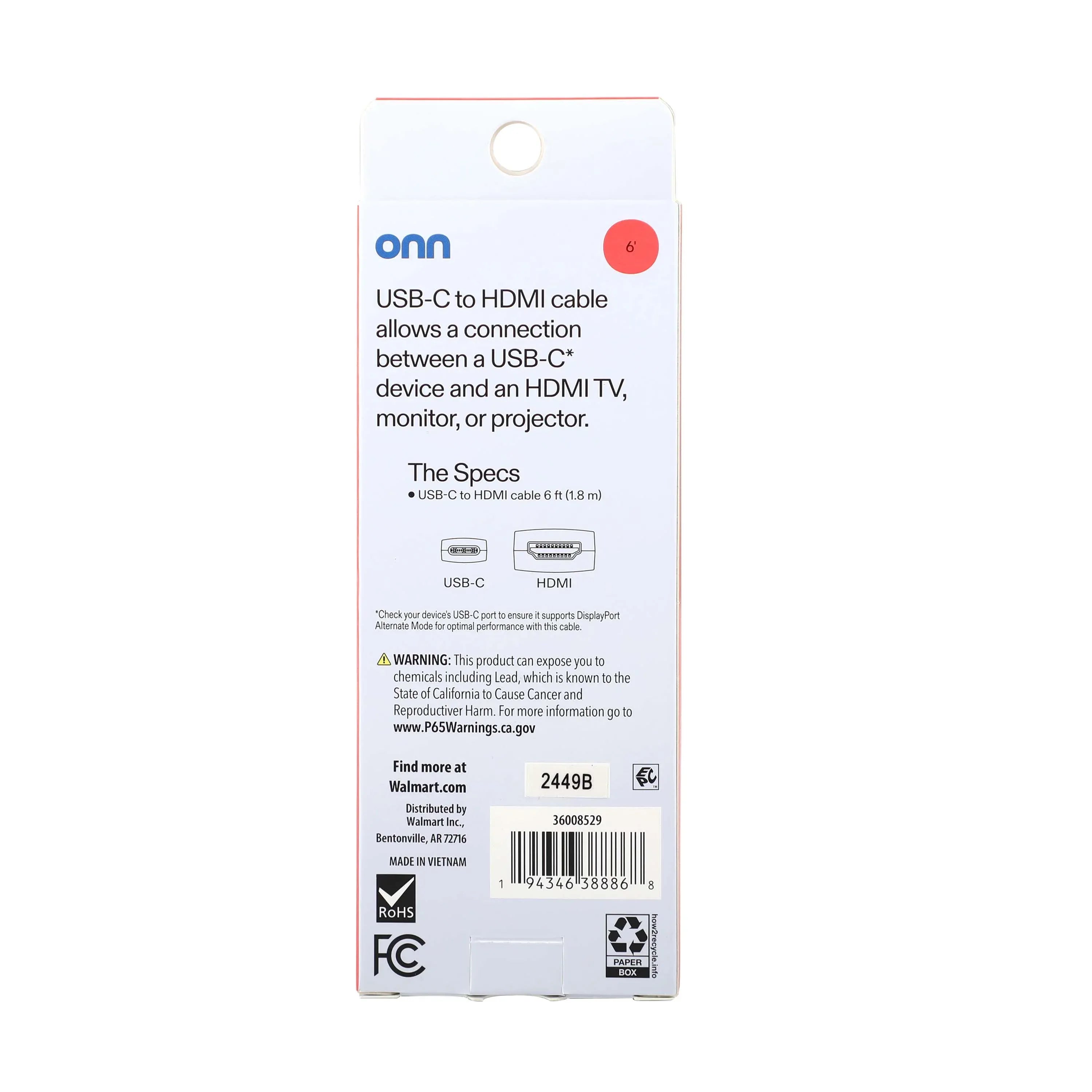 onn. USB-C to HDMI Cable (6 Feet / 1.8m), 4K Video & Audio Output for Laptop, Tablet, Phone to TV, Monitor, Projector