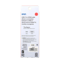 onn USB-C to HDMI cable package back with specs and connection info