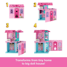 Expanding doll house playset with step views from small house to larger rooms