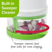 Food chopper base with built-in sweeper ring, clear bowl and green rim