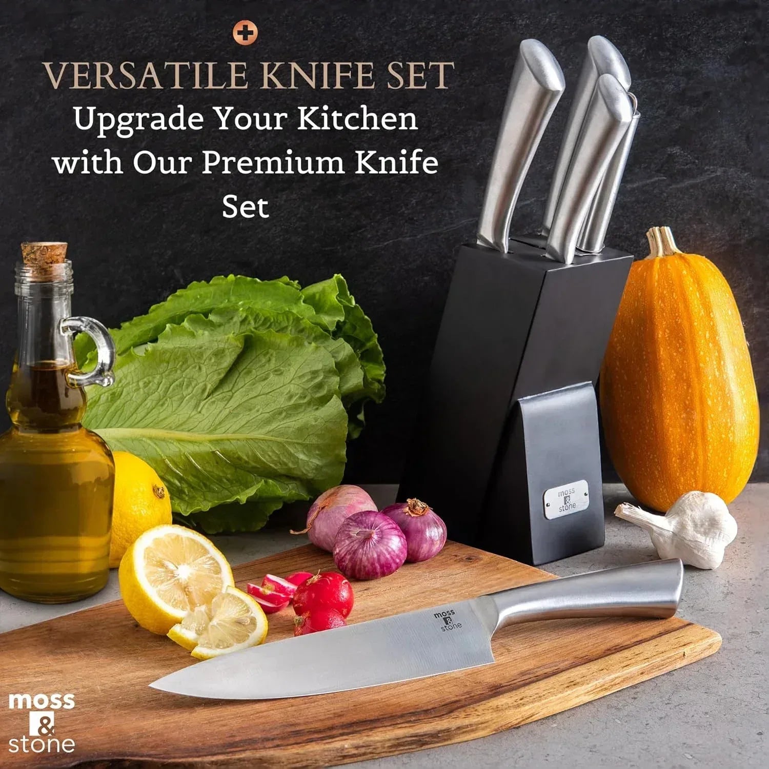 Moss & Stone Professional Kitchen Knife Chef Set, Small Knife Set With Block, Black Titanium Plated Kitchen Knife Set, Stainless Steel Scratch Resistant & Rust Proof Sharp Kitchen Knives.