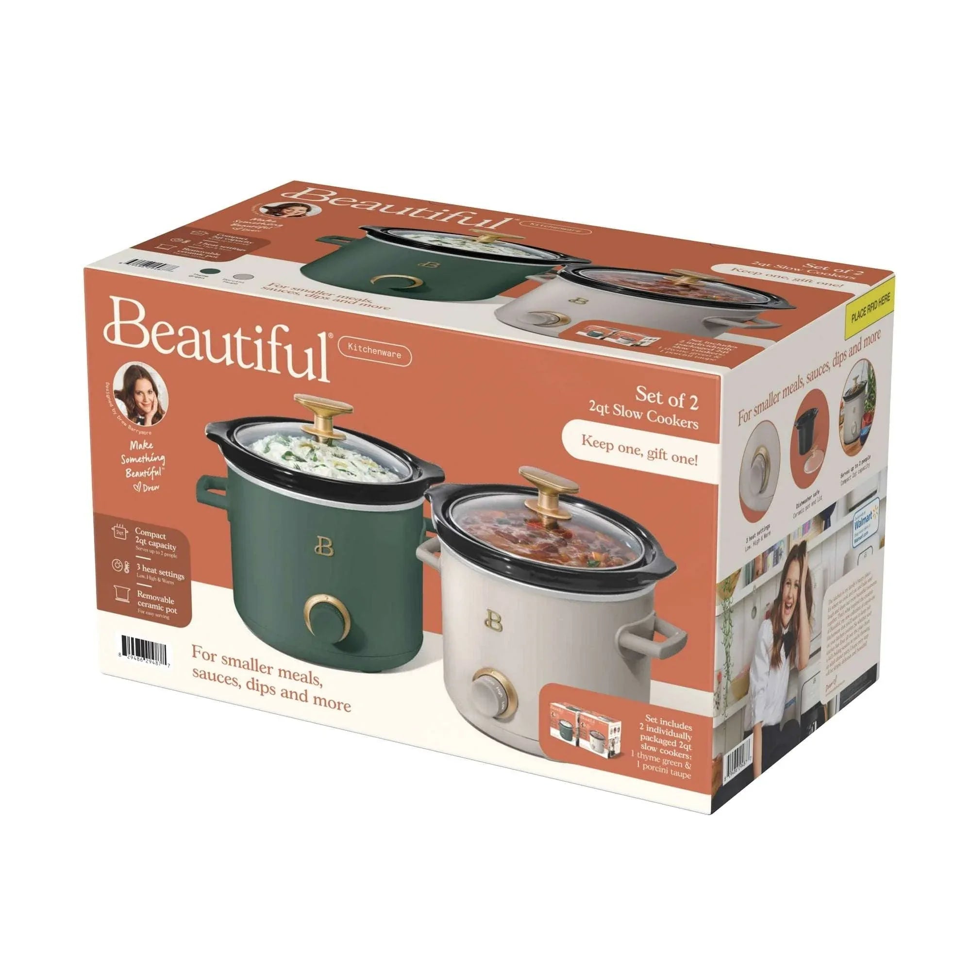 Beautiful 2 Qt Manual Slow Cooker, 2-Pack, Thyme Green + Porcini Taupe by Drew Barrymore - USA MEGA SHOP