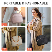 Insulated lunch tote bag worn by person with front zip and shoulder strap