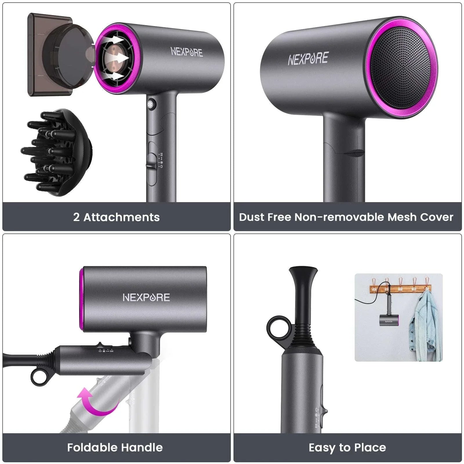 Hair Dryer, NEXPURE 1800W Professional Ionic Blow Dryer for Hair Care, Powerful Wind for Hair Drying, 2 Attachments, Grey - USA MEGA SHOP