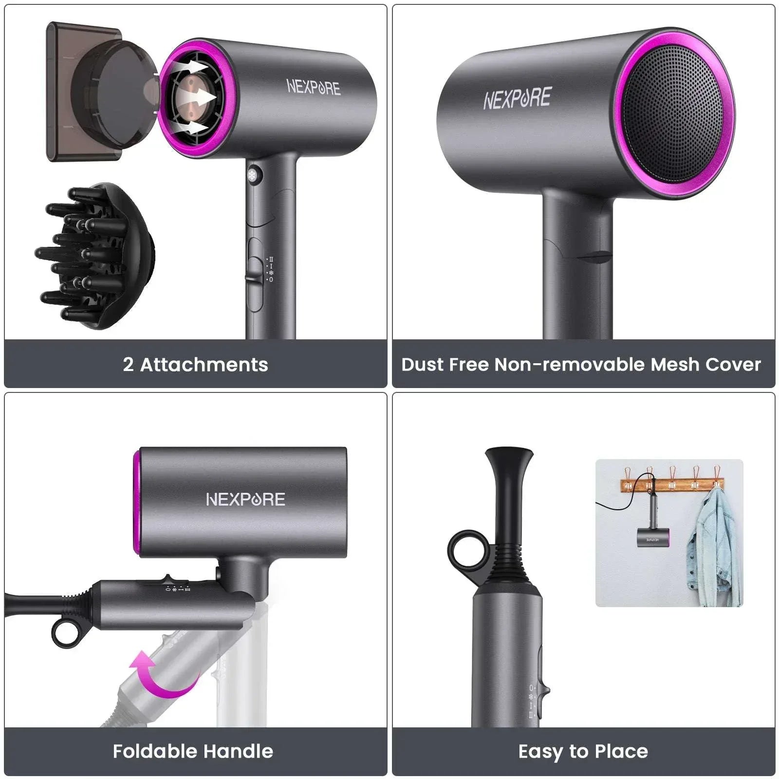 Hair Dryer, NEXPURE 1800W Professional Ionic Blow Dryer for Hair Care, Powerful Wind for Hair Drying, 2 Attachments, Grey