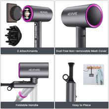 NEXPURE hair dryer with two attachments, dust cover, and foldable handle