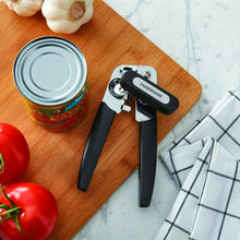 Portable can opener with black handles and stainless steel top wheel mechanism