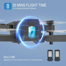 Modular drone battery pack with two rechargeable batteries, blue energy glow on black cases