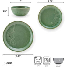 Carrie stoneware dinnerware set layout showing plate and bowl sizes, dishwasher and microwave safe