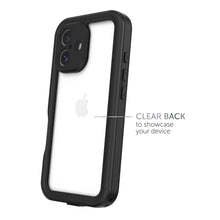 Waterproof case with black border and clear back panel showing phone Apple logo