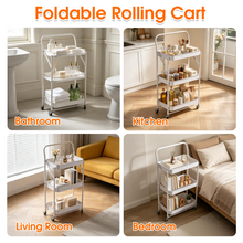 Three-tier foldable rolling cart used as bathroom, kitchen, living room, and bedroom storage.