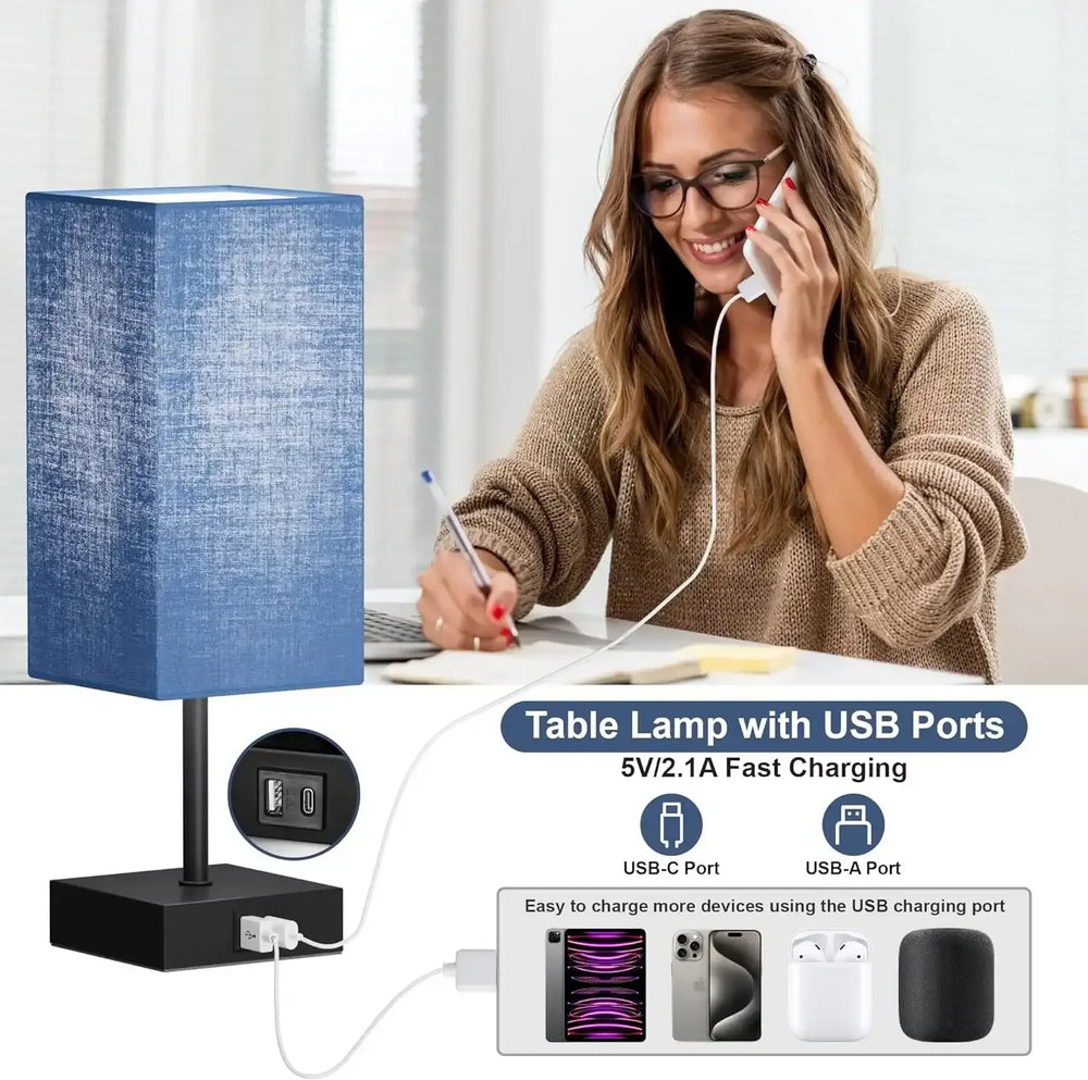 Comzler Bedside Table Lamp Set of 2, Navy Blue Lamps for Bedroom Decor 3-Way Dimmable Touch Lamp with USB C+A Charging Ports LED Bulb Included - USA MEGA SHOP