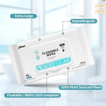 Flushable wipes pouch, white with aqua wave stripe and 90 wipes