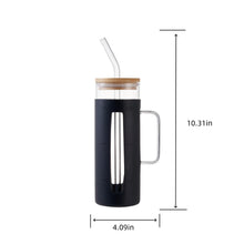 Black silicone-sleeved glass tumbler with bamboo lid, glass straw; 10.31 in tall, 4.09 in wide