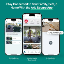 Smartphone screens with Arlo Secure app showing activity zones, dashboard, and two-way audio