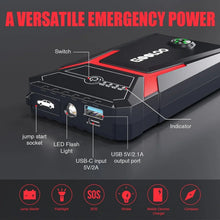 Portable car jump starter showing USB-C input, USB output, indicator, and light switch