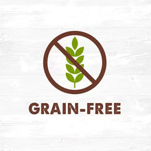 Chicken jerky treats “Grain-Free” badge with crossed grain icon