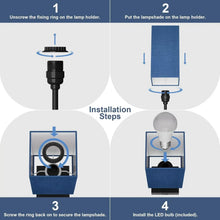 Table lamp installation steps showing blue shade and black base