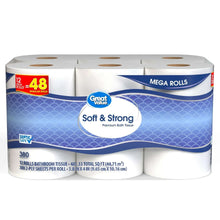 Toilet paper mega rolls package with Great Value Soft & Strong labeling