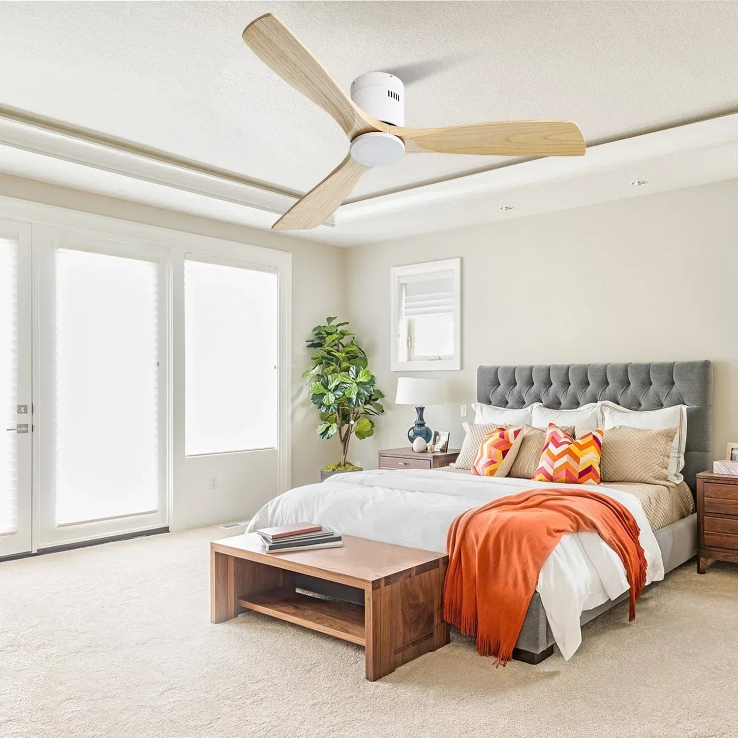 Sofucor 52 Inch Modern Flush Mount Ceiling Fan with Wood Blades - USA MEGA SHOP