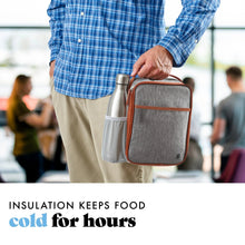 Gray insulated lunch bag with orange trim, front panel, and side pocket